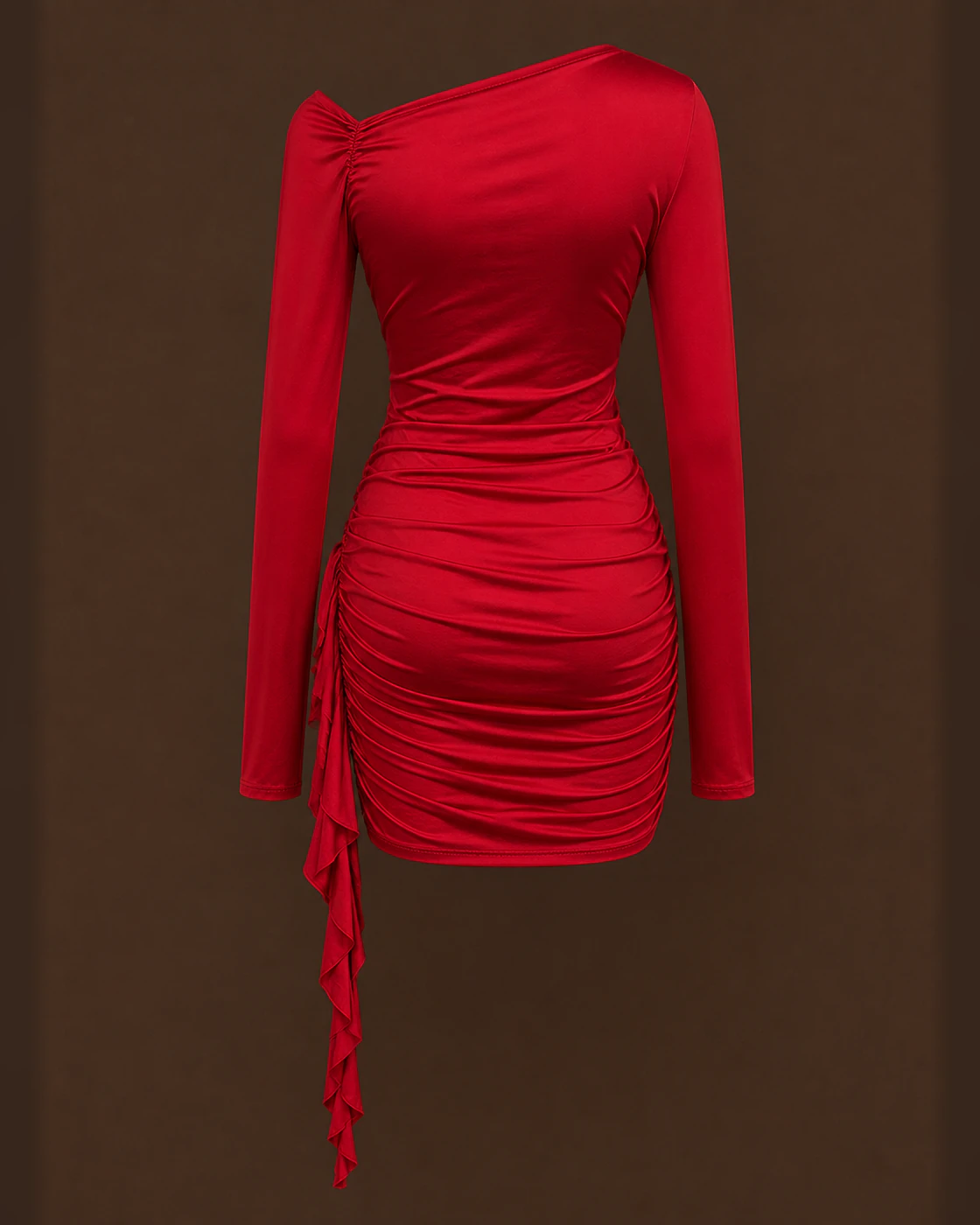 Scarlet Asymmetric Cascade Ruched Mini Dress · garment back.