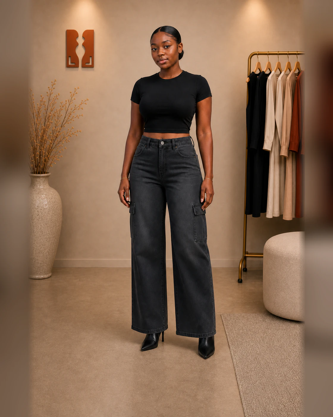Black Cropped Tee and Charcoal-Wash Wide-Leg Cargo Jeans Set · on lulu · front.