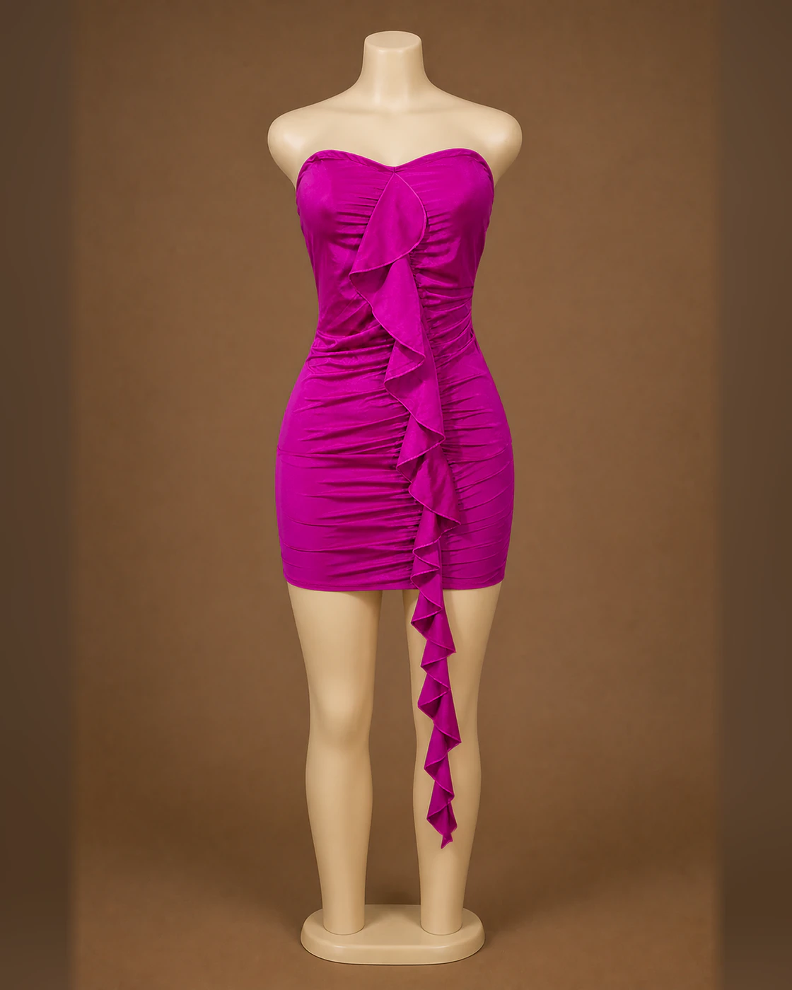 Fuchsia Strapless Ruched Cascade-Ruffle Mini Dress · on mannequin.