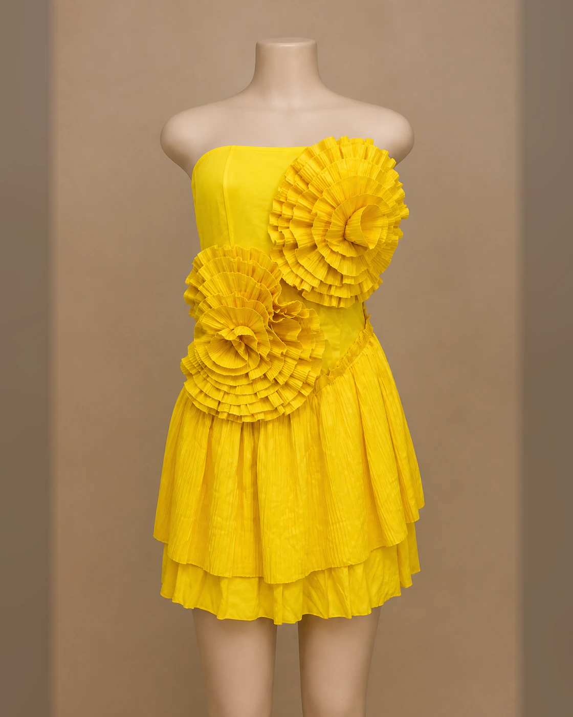 Marigold Sculptural Rosette Strapless Mini Dress · on mannequin.