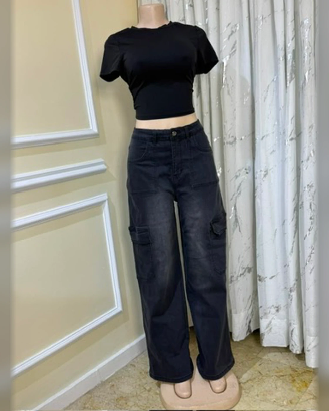 Black Cropped Tee and Washed Black Wide-Leg Cargo Jeans Set · on mannequin.