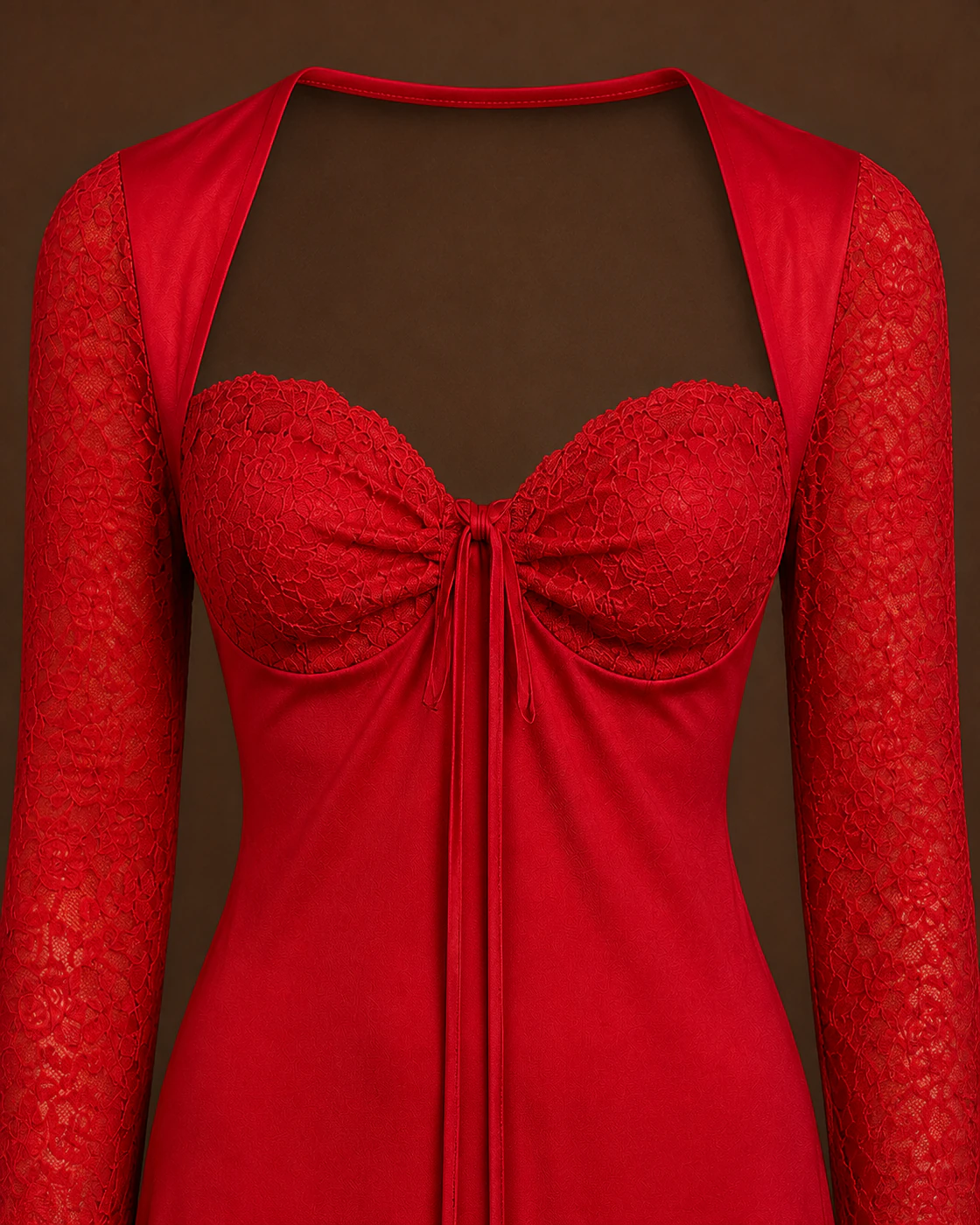 Red Lace-Cup Long-Sleeve Satin-Look Mini Dress · fabric detail.