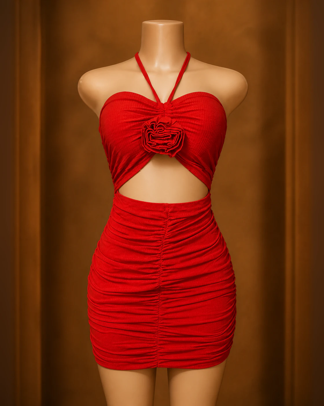 Scarlet Rosette Halter Cutout Ruched Mini Dress · on mannequin.