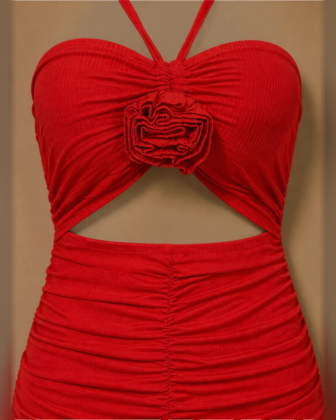 Scarlet Rosette Halter Cutout Ruched Mini Dress · fabric detail.