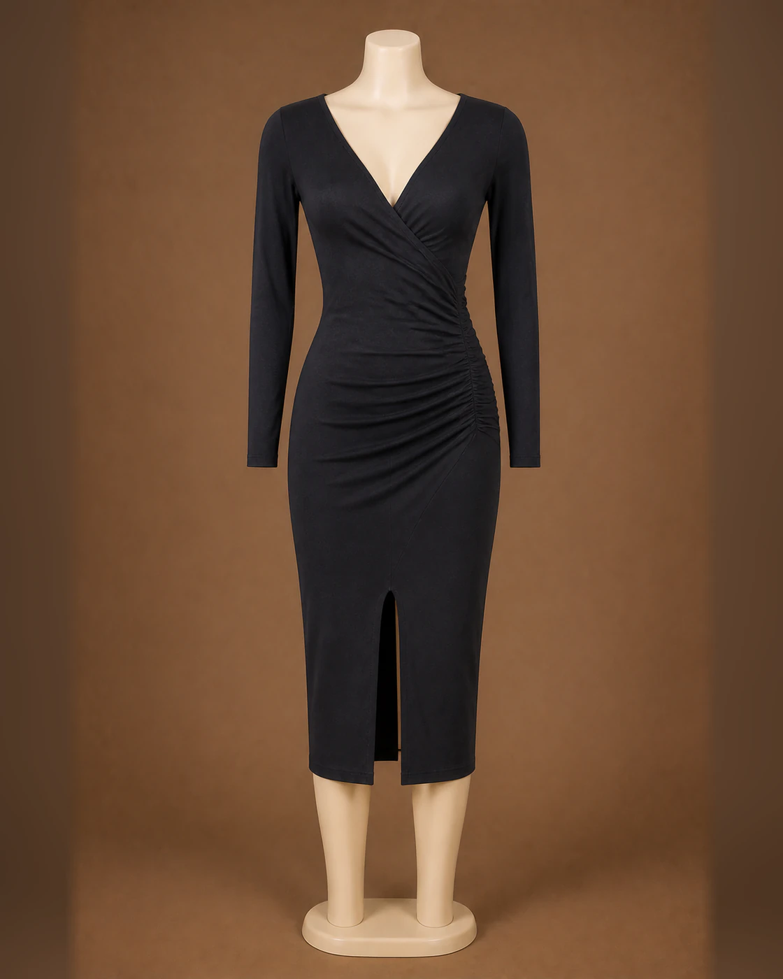 Charcoal Wrap-Front Ruched Slit Midi Dress · on mannequin.