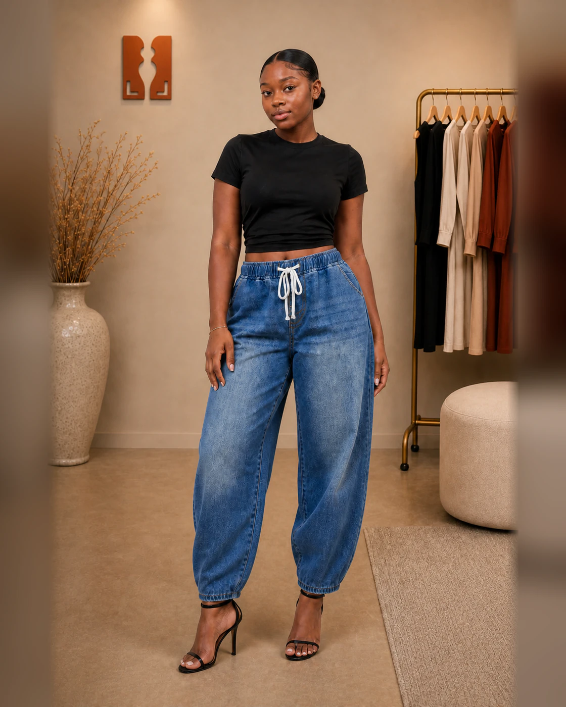 Black Cropped Tee and Blue-Wash Drawstring Barrel Trousers Set · on lulu · front.