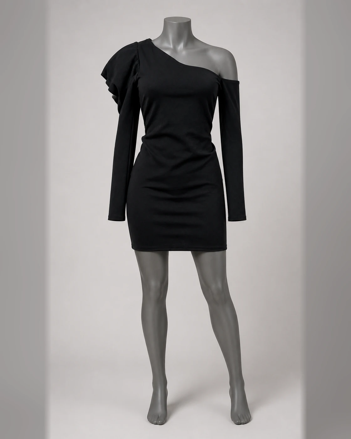 Black Asymmetric Sculpted-Shoulder Mini Dress · on mannequin.