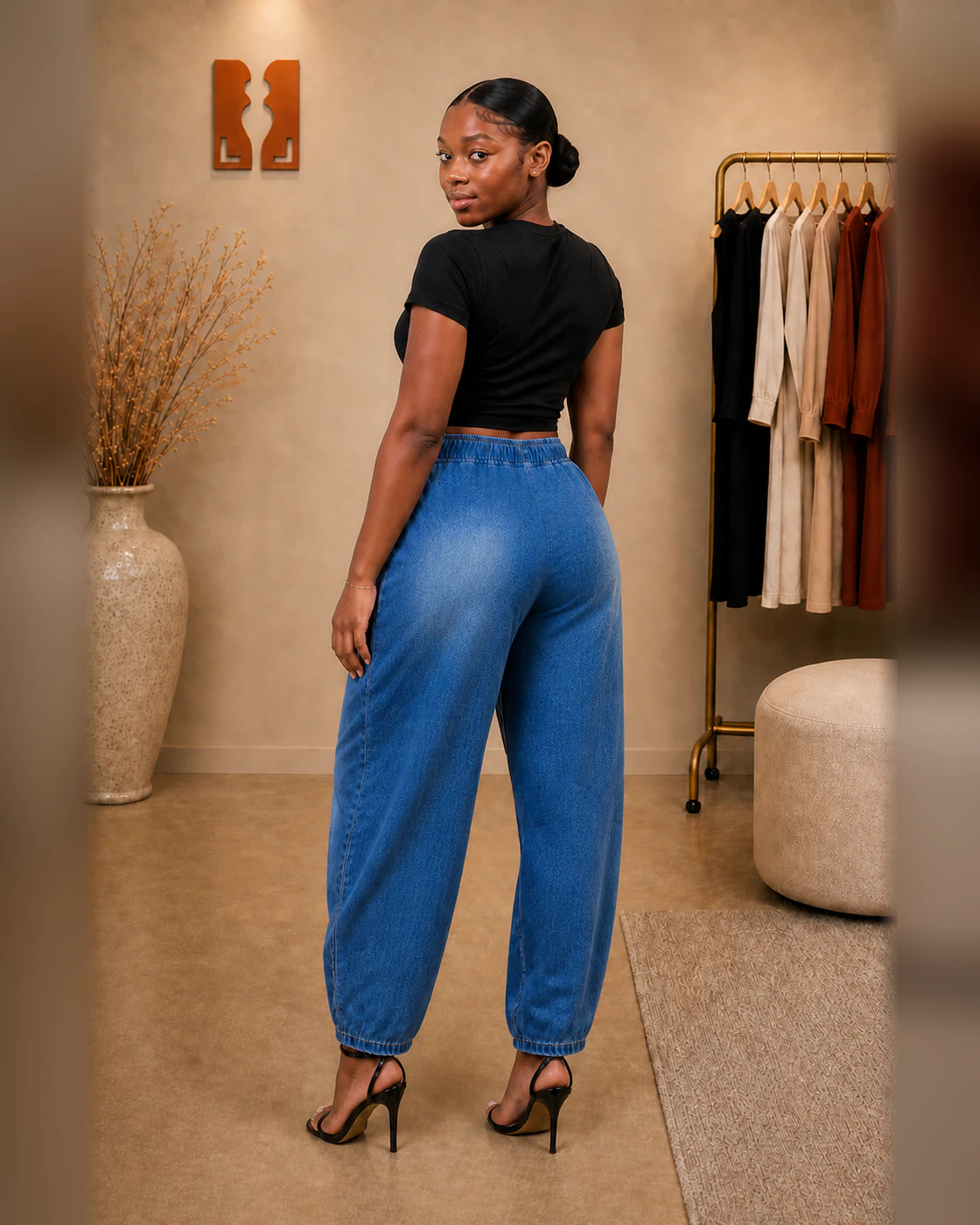 Black Cropped Tee and Blue-Wash Drawstring Barrel Trousers Set · on lulu · right rear three-quarter.