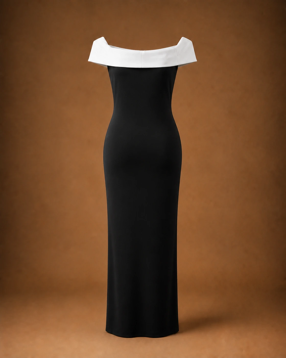 Ivory Folded-Neck Black Dress · garment back.