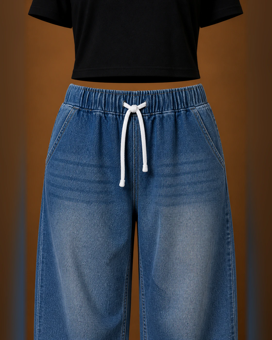 Black Cropped Tee and Blue-Wash Drawstring Barrel Trousers Set · fabric detail.