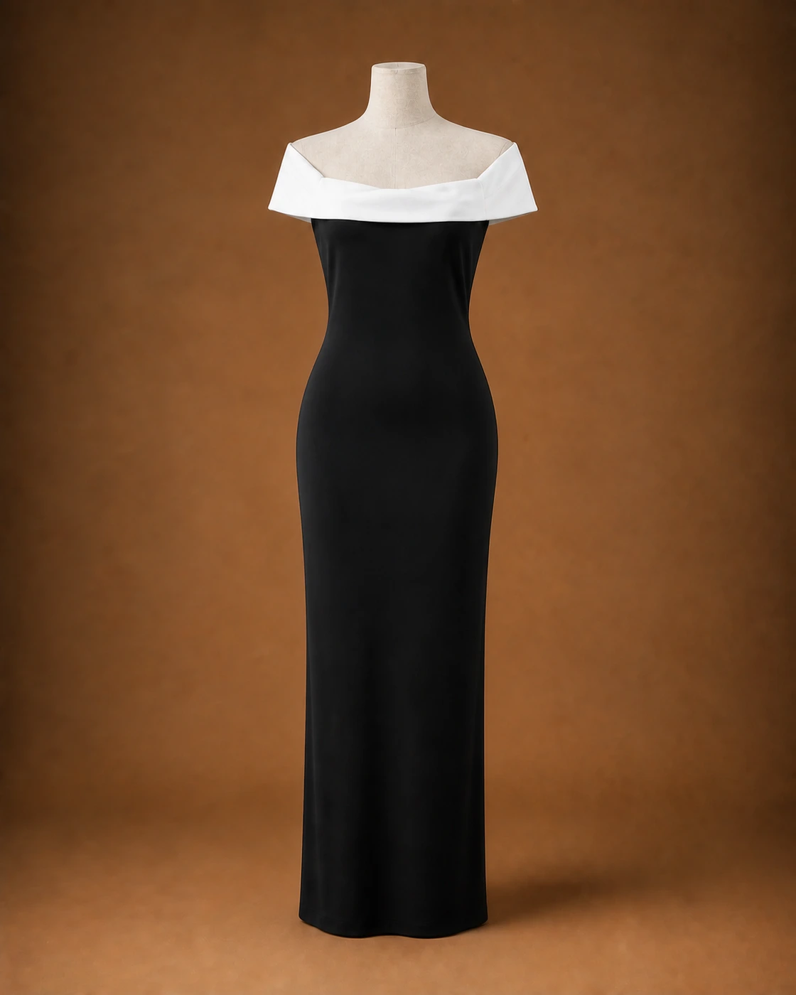 Ivory Folded-Neck Black Dress · on mannequin.