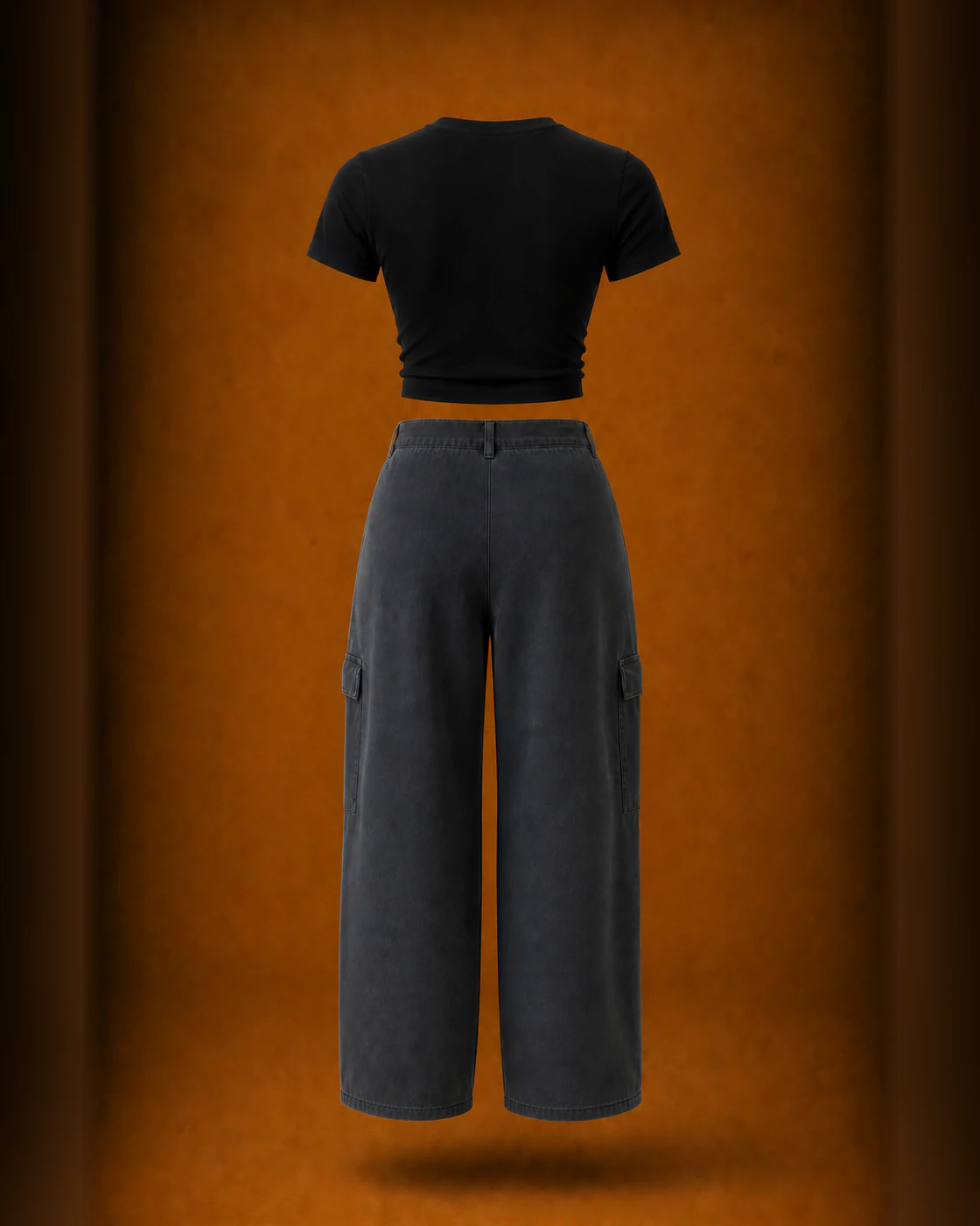 Black Cropped Tee and Charcoal-Wash Wide-Leg Cargo Jeans Set · garment back.