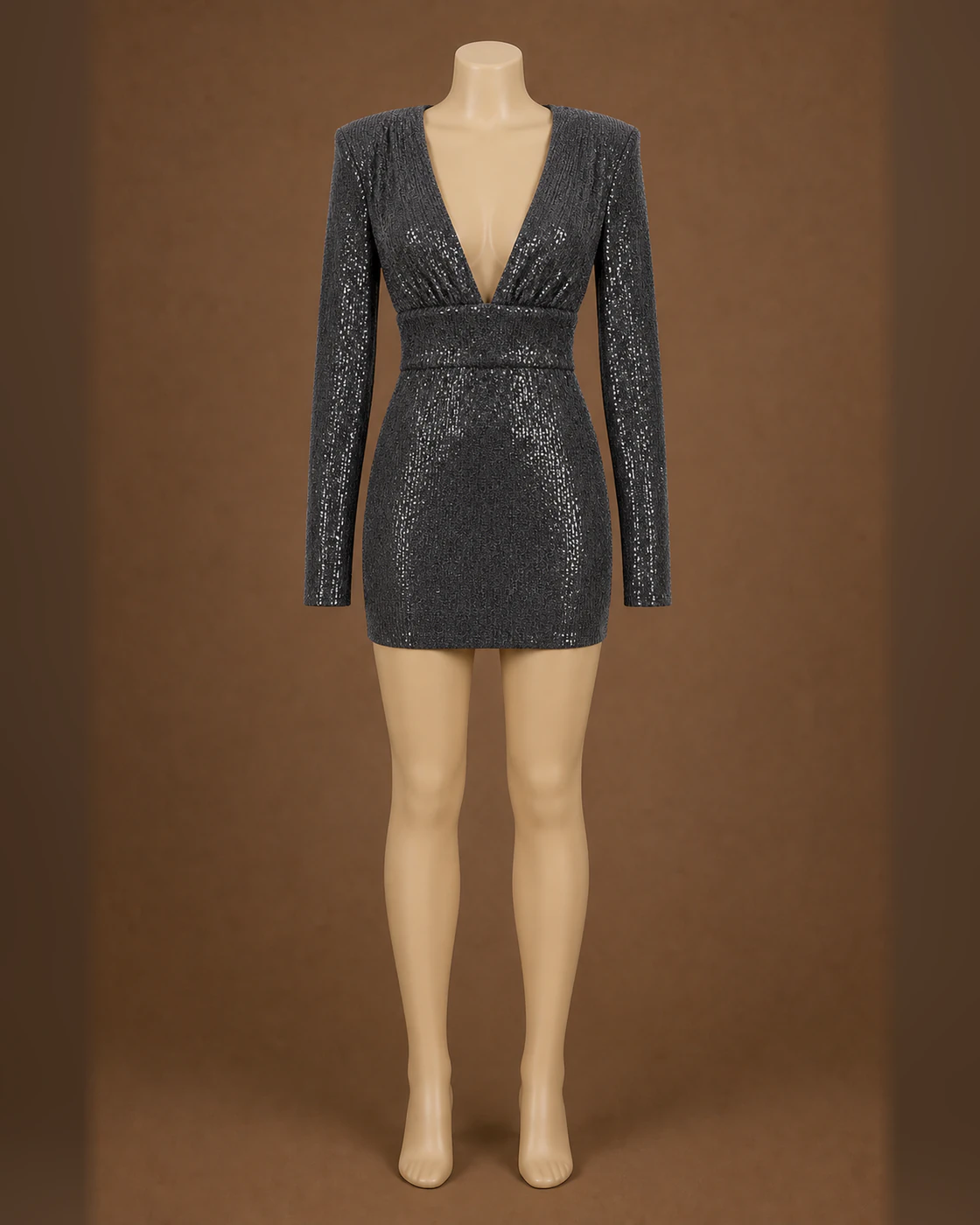 Gunmetal Sparkle Open-Back Long-Sleeve Mini Dress · on mannequin.