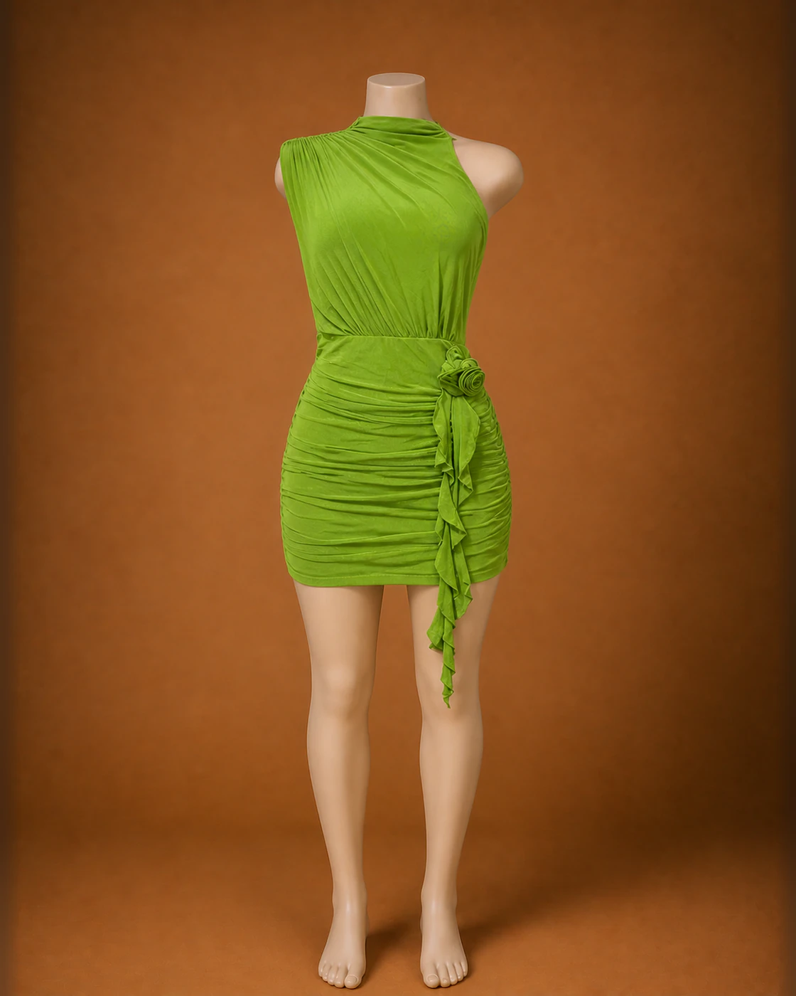 Lime One-Shoulder Rosette Ruched Mini Dress · on mannequin.