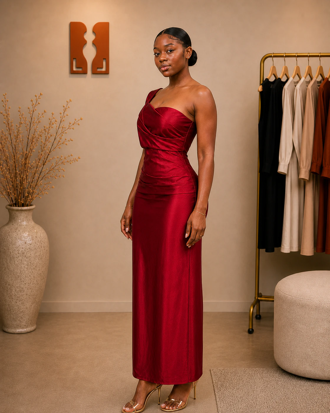 Crimson Asymmetric Draped Satin Maxi Dress · on lulu · left profile.