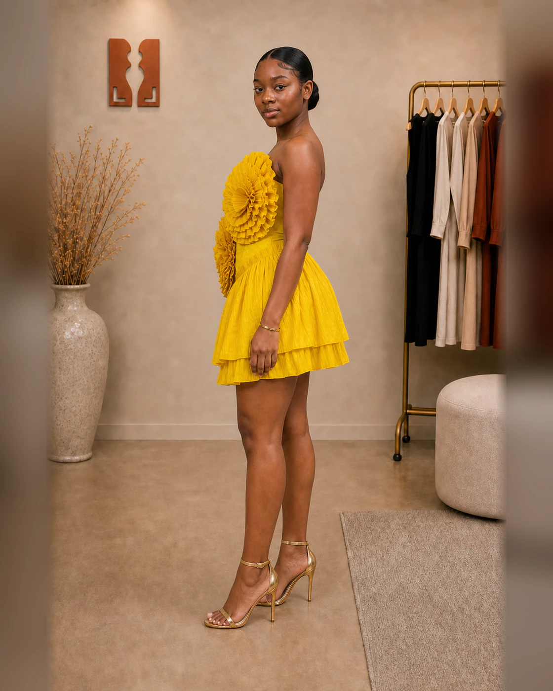 Marigold Sculptural Rosette Strapless Mini Dress · on lulu · left profile.
