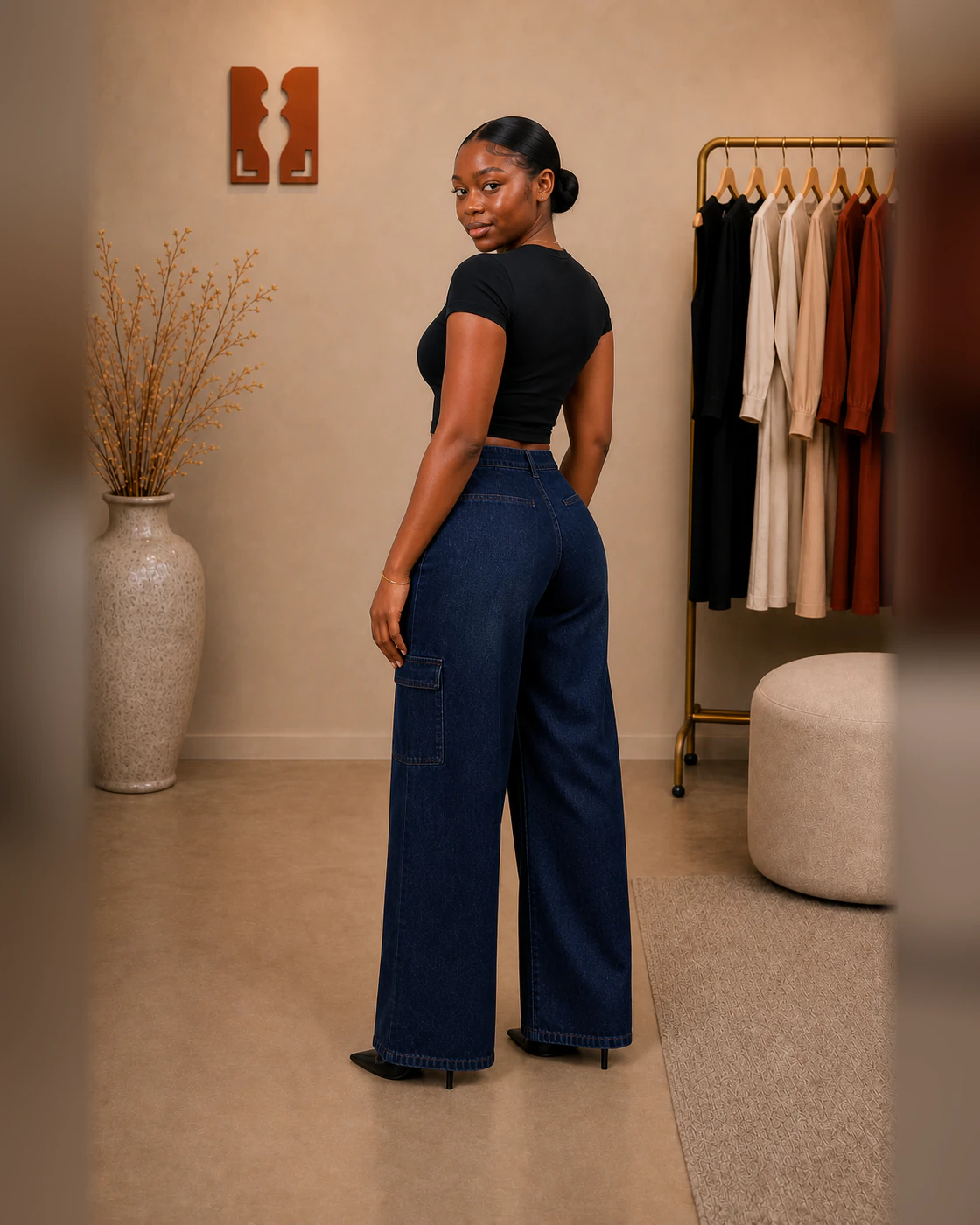 Black Cropped Tee and Dark Indigo Wide-Leg Cargo Jeans Set · on lulu · right rear three-quarter.