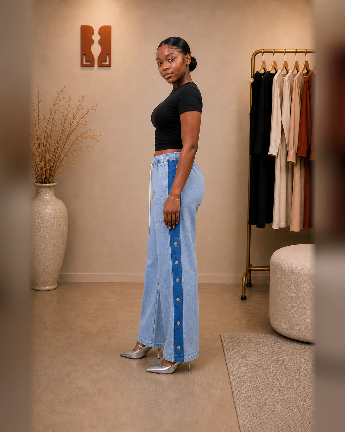Black Cropped Tee and Light-Wash Snap-Panel Trousers Set · on lulu · left profile.