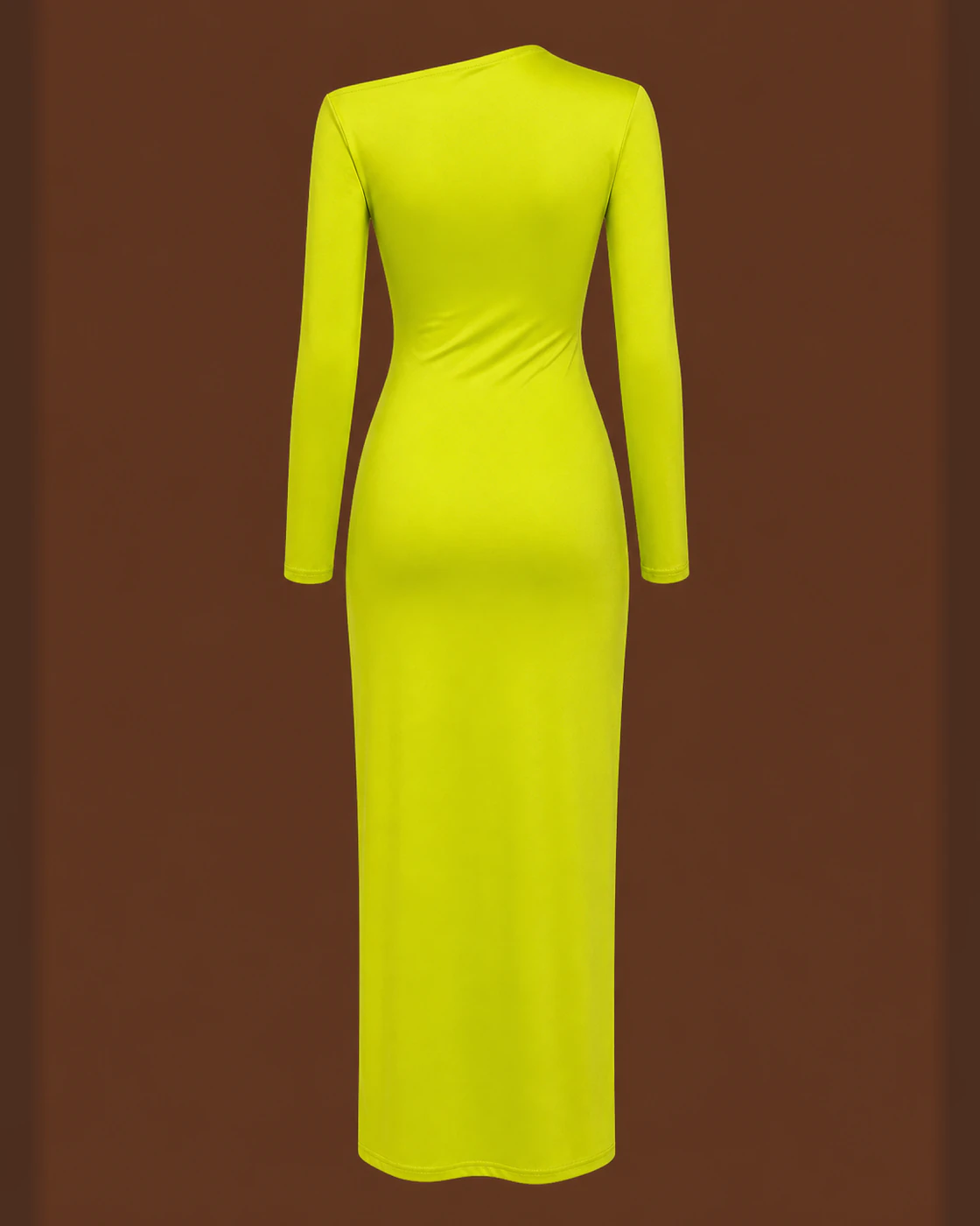 Neon Chartreuse Asymmetric Ruched-Knot Maxi Dress · garment back.