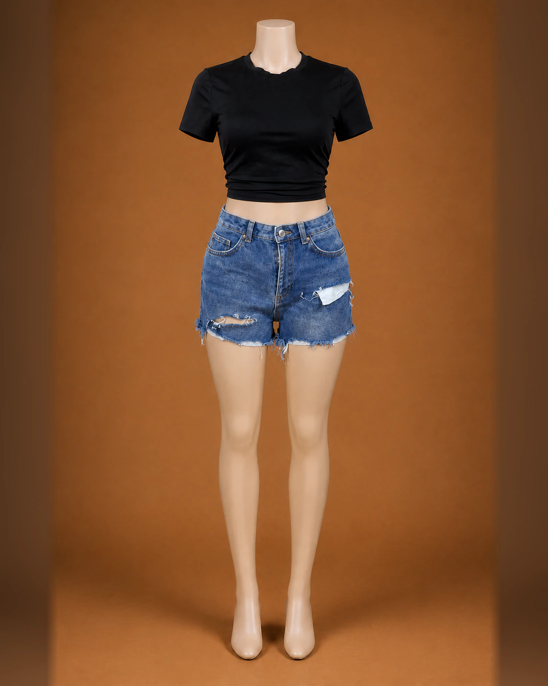 Black Cropped Tee and Blue Distressed Shorts Set · on mannequin.