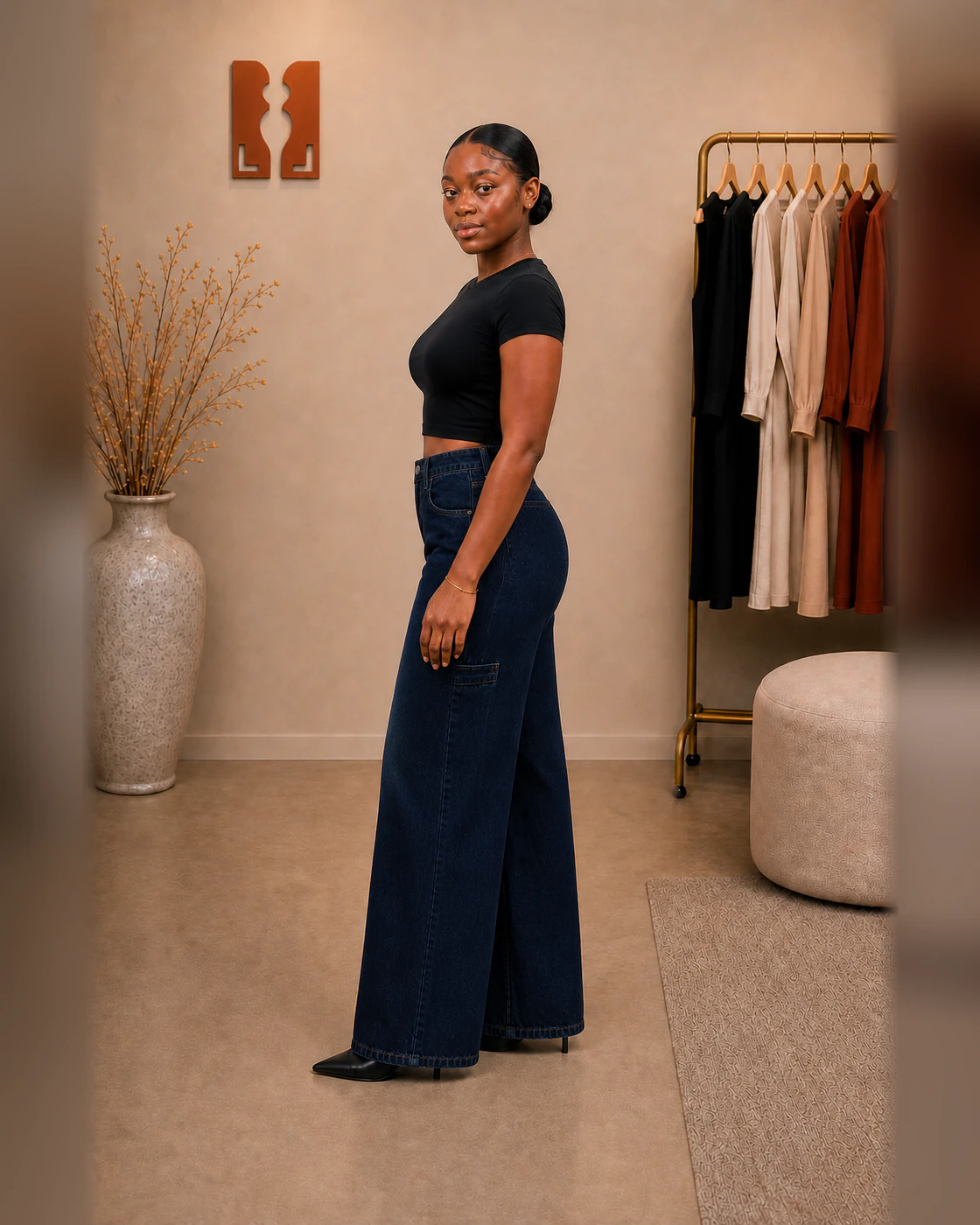 Black Cropped Tee and Dark Indigo Wide-Leg Cargo Jeans Set · on lulu · left profile.