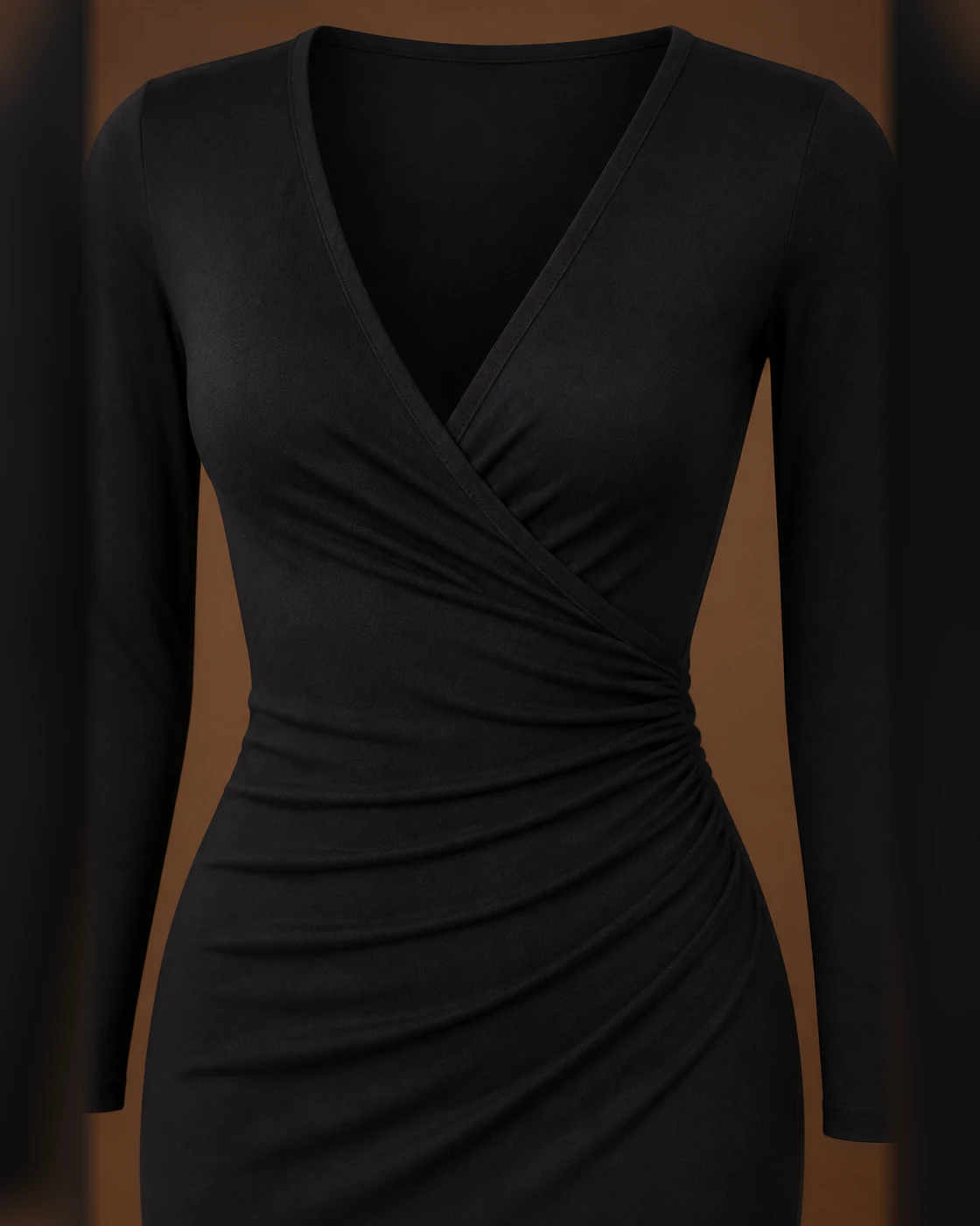 Charcoal Wrap-Front Ruched Slit Midi Dress · fabric detail.