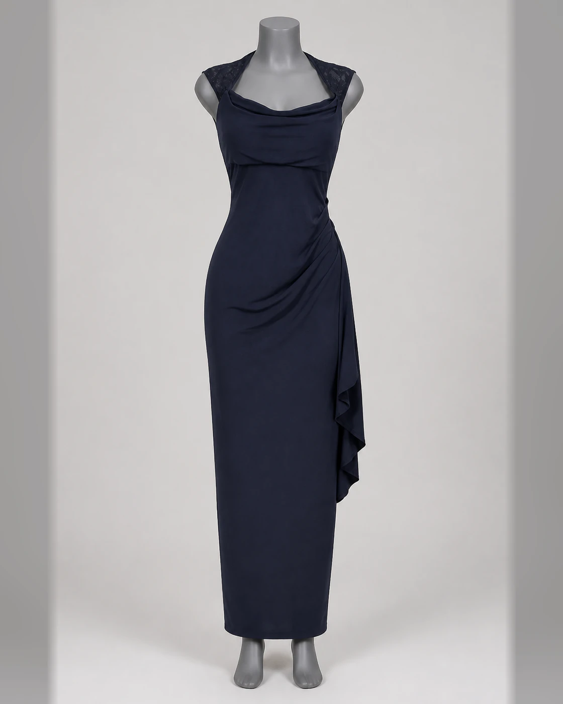 Dark Navy Draped Cowl-Neck Side-Cascade Maxi Dress · on mannequin.