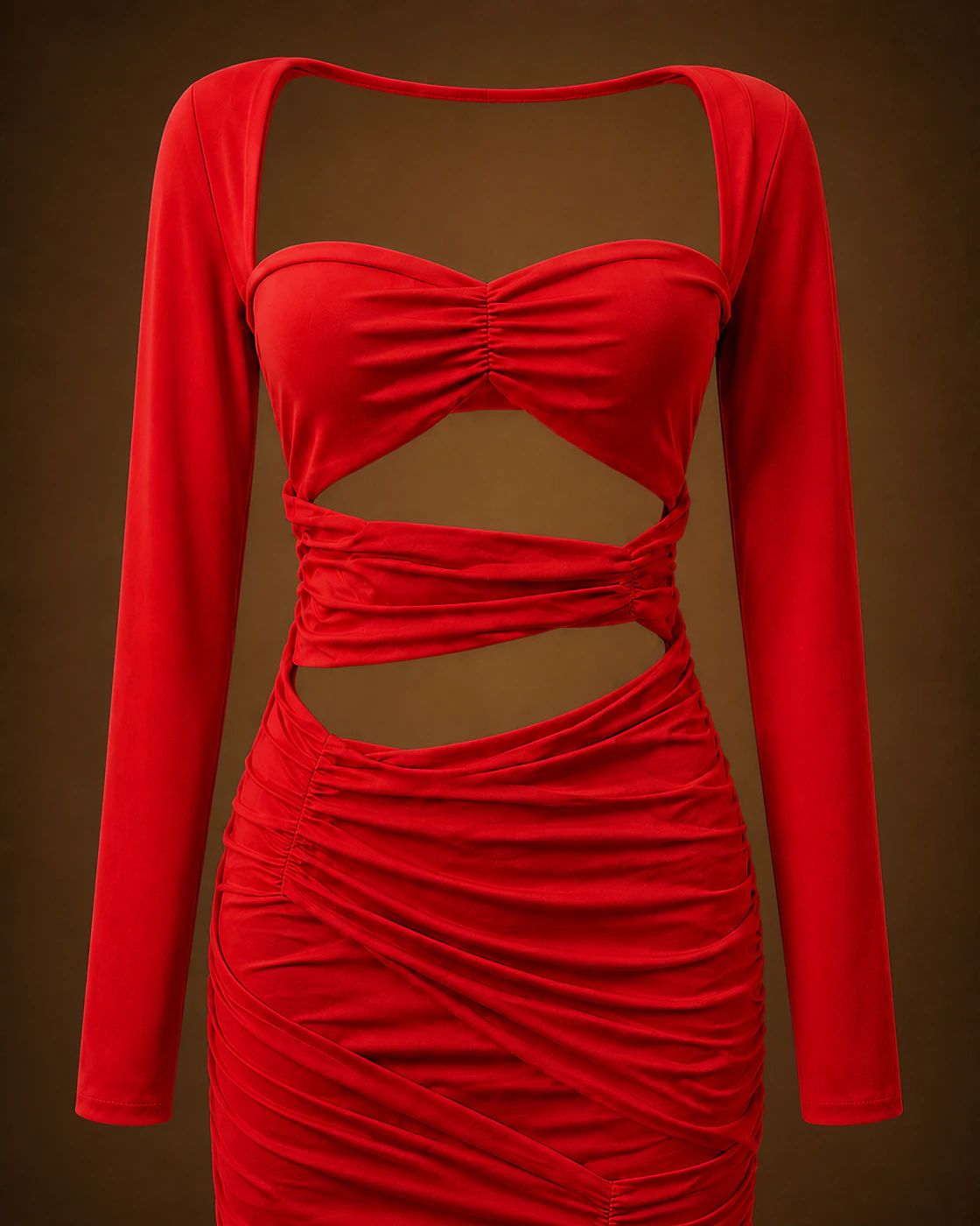 Scarlet Long-Sleeve Layered-Cutout Ruched Mini Dress · fabric detail.