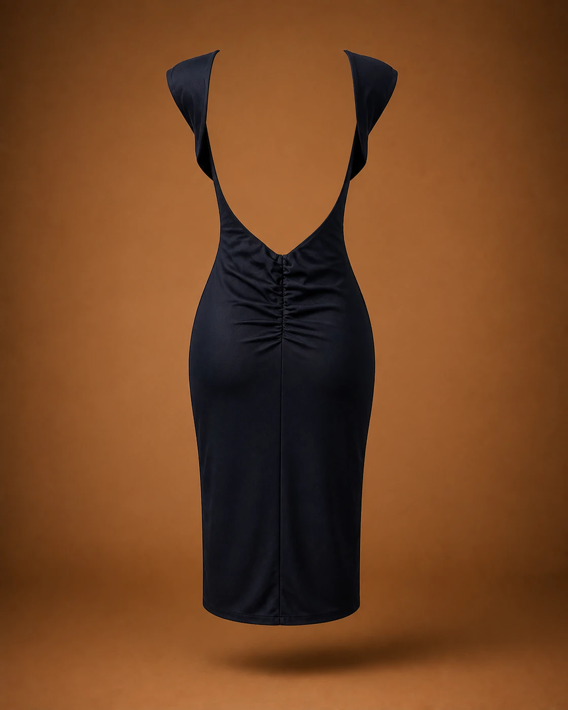 Near-Black Open-Back Structured-Shoulder Midi Dress · garment back.