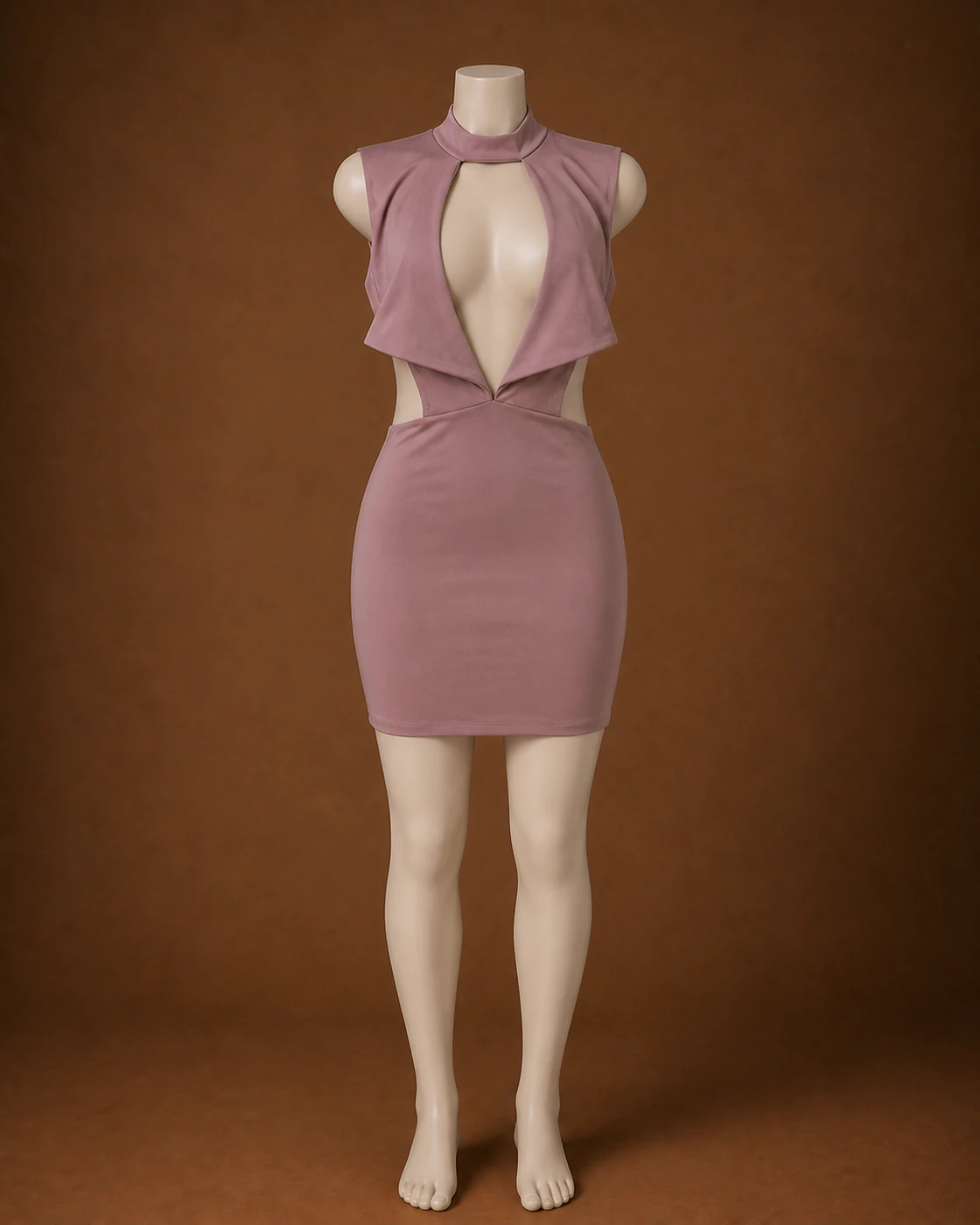 Mauve Architectural Cutout Open-Back Mini Dress · on mannequin.