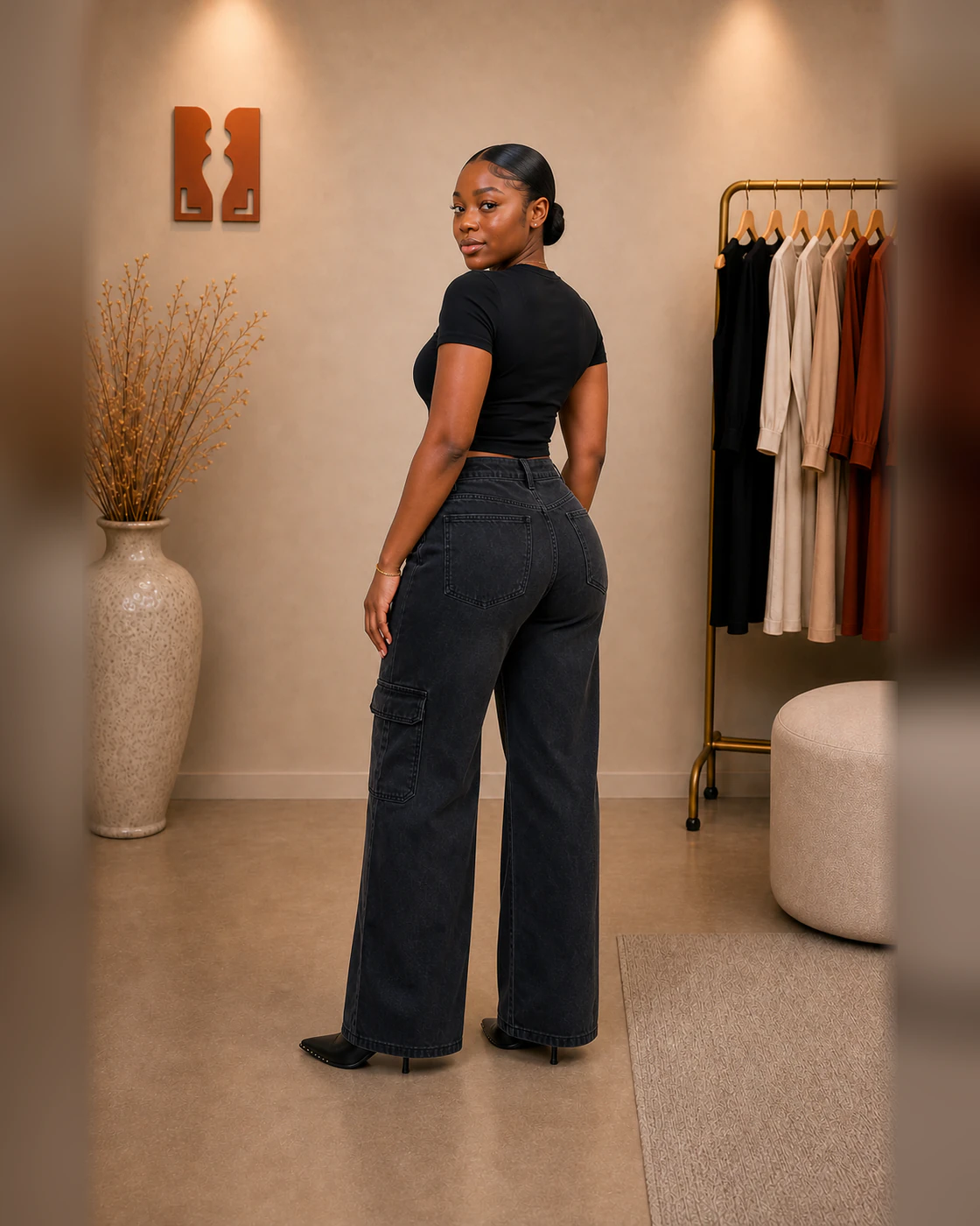 Black Cropped Tee and Washed Black Wide-Leg Cargo Jeans Set · on lulu · right rear three-quarter.