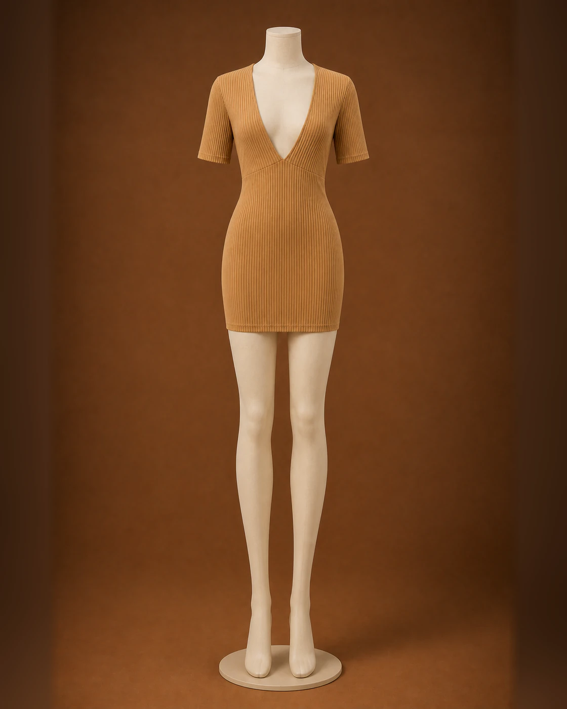 Camel Ribbed Deep-Plunge Short-Sleeve Mini Dress · on mannequin.