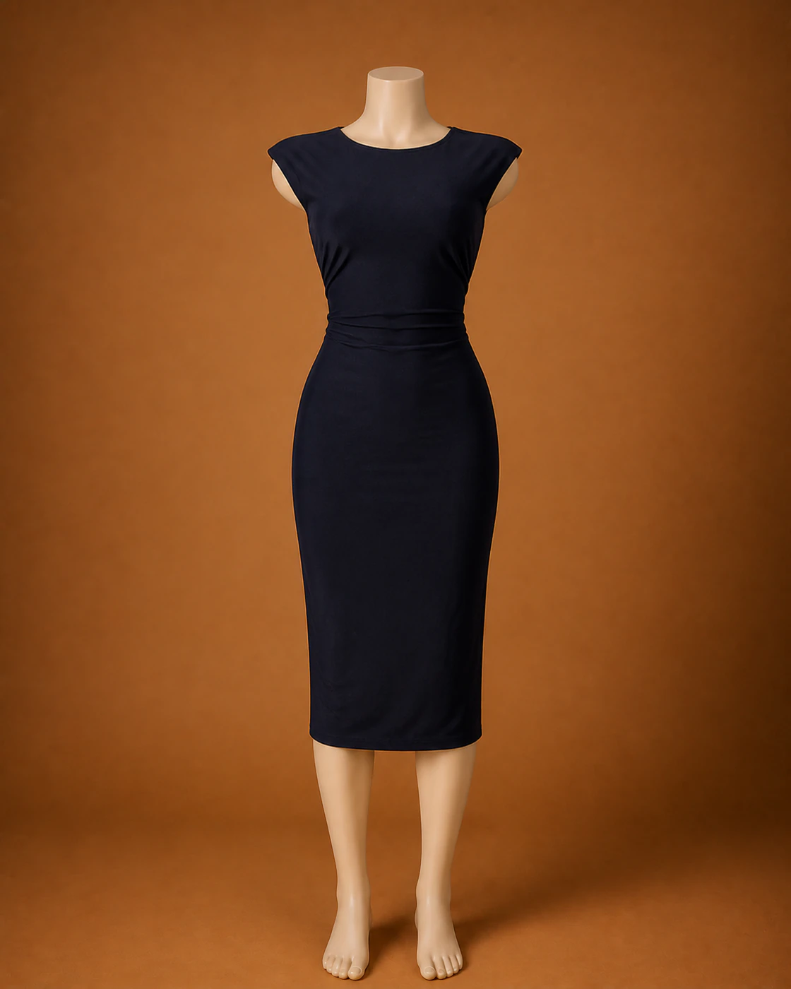 Near-Black Open-Back Structured-Shoulder Midi Dress · on mannequin.
