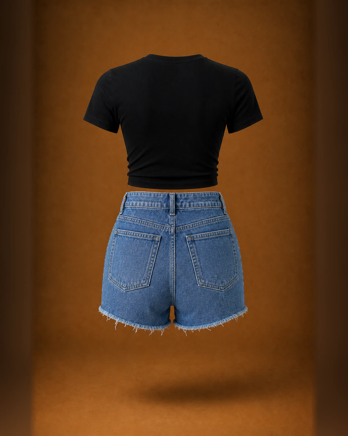Black Cropped Tee and Blue Distressed Shorts Set · garment back.