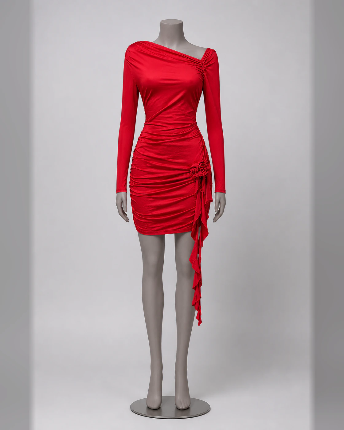 Scarlet Asymmetric Cascade Ruched Mini Dress · on mannequin.