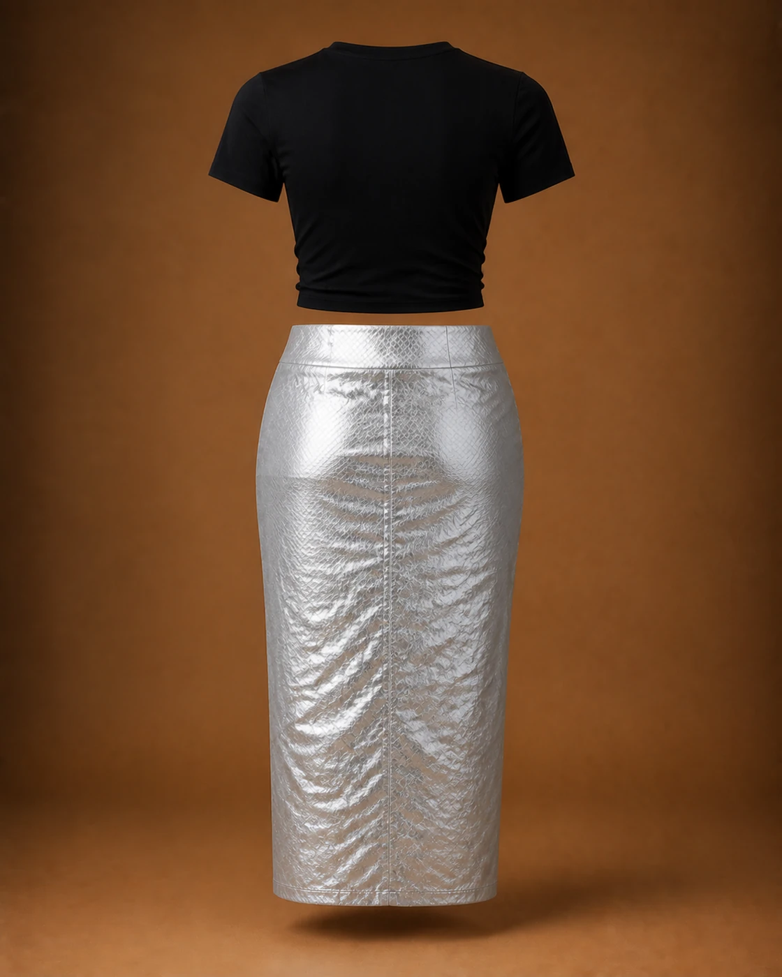 Silver Ruched Skirt Set · garment back.