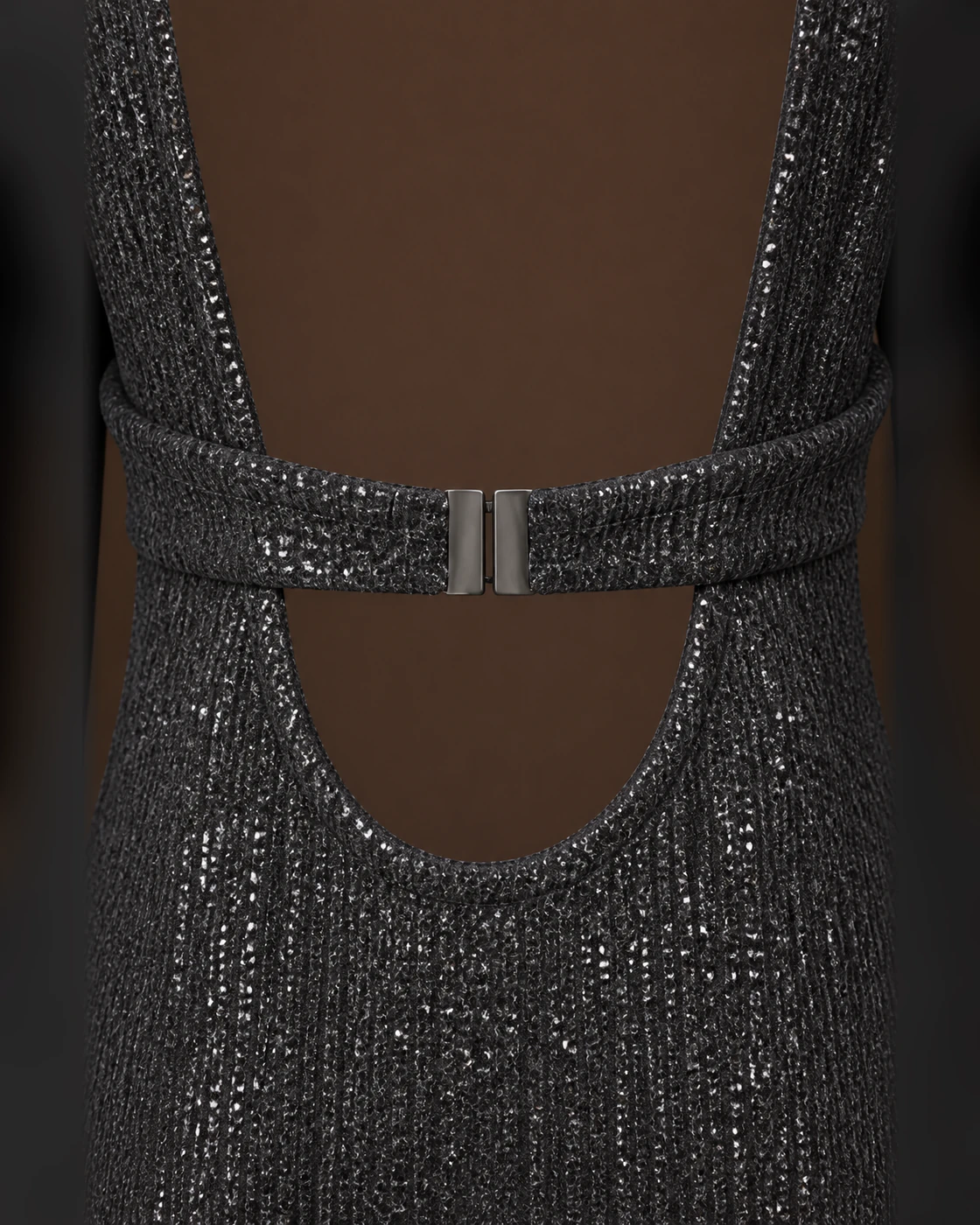 Gunmetal Sparkle Open-Back Long-Sleeve Mini Dress · fabric detail.