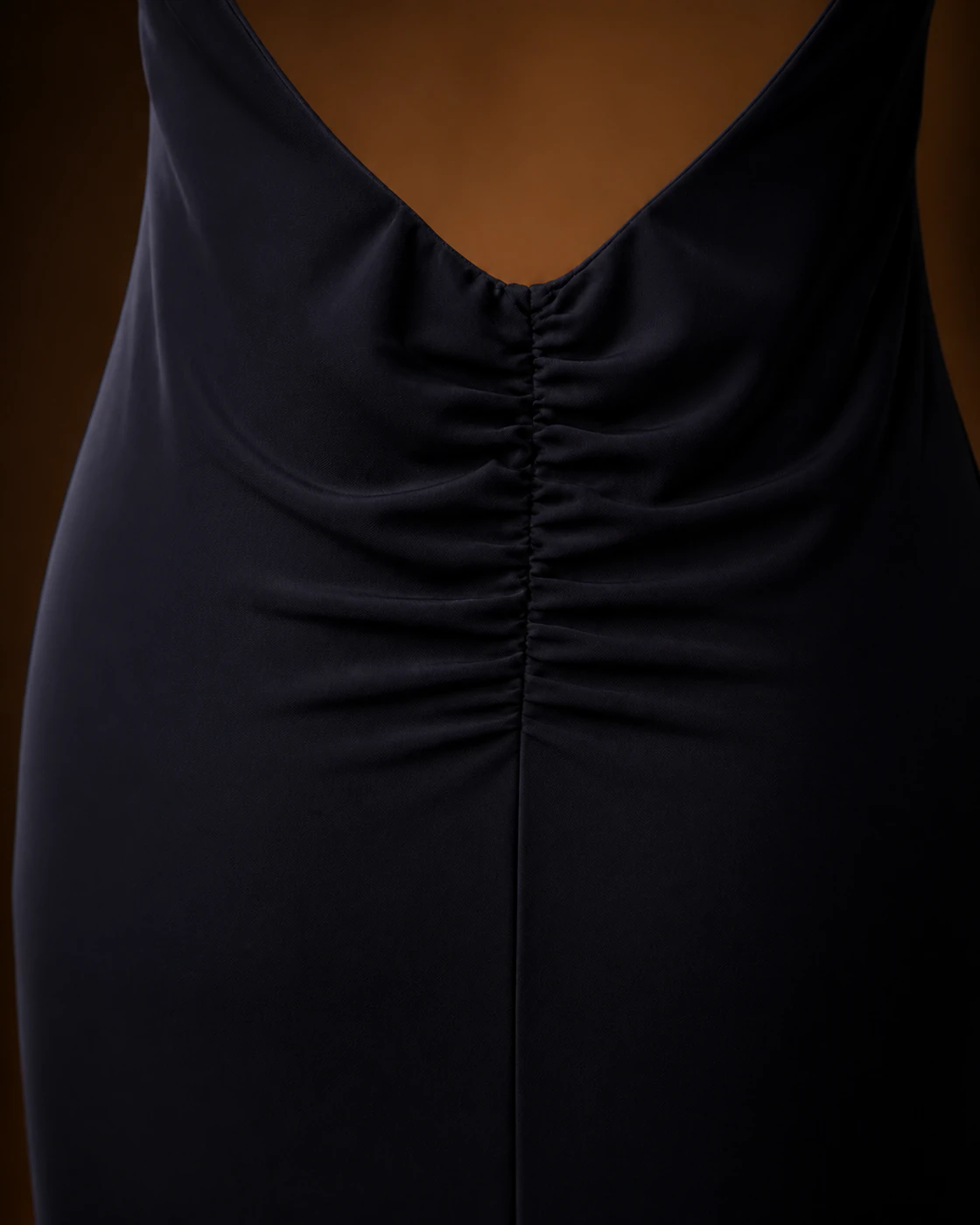 Near-Black Open-Back Structured-Shoulder Midi Dress · fabric detail.