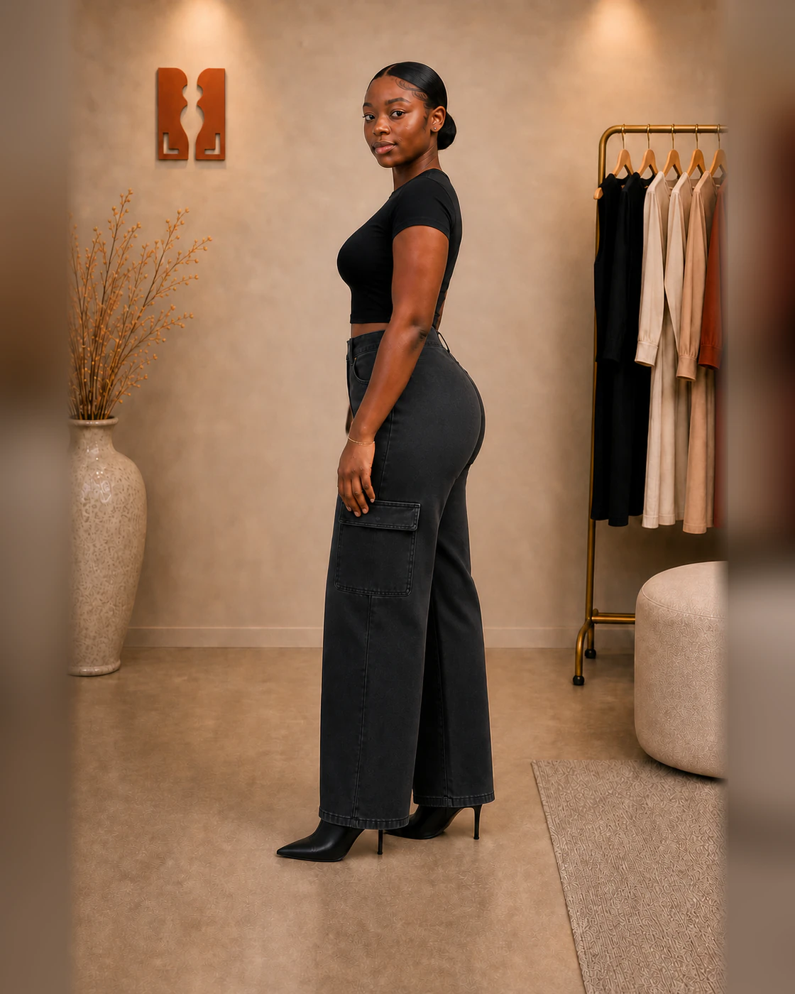 Black Cropped Tee and Charcoal-Wash Wide-Leg Cargo Jeans Set · on lulu · left profile.